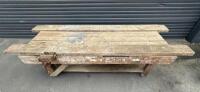 WORKERS BENCH: A large vintage wooden workers bench with Dawn No.8 vice. Bench approx 317cm wide, 96cm deep, 87cm high.&nbsp; - 4