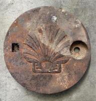SHELL: A early Shell cast metal petrol station tank cover featuring embossed Shell.