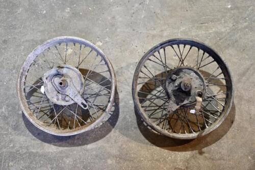 183 · BSA: Front and rear BSA wheels, believed M20, front complete with front wheel speedo drive, brakes and axle, rear wheel complete with axle, brakes and spaces [Sydney]