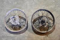 BSA: Front and rear BSA wheels, believed M20, front complete with front wheel speedo drive, brakes and axle, rear wheel complete with axle, brakes and spaces [Sydney]