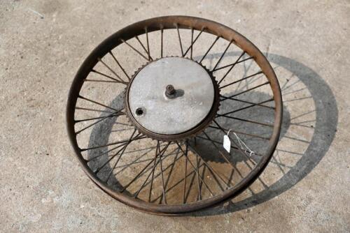 204 · DOUGLAS: A 40 spoke 20" rear wheel with brake drum complete with axle which spins, beaded rim, believed to be Douglas Model EW [Sydney]