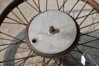 DOUGLAS: A 40&nbsp;spoke 20" rear wheel with brake drum complete with axle which spins, beaded rim, believed to be Douglas Model EW [Sydney] - 3