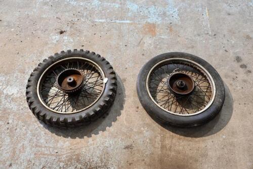 210 · TRIUMPH: A pair of front and rear 19" 1940/1950 wheels, believed Triumph, no brakes, no axle [Sydney]