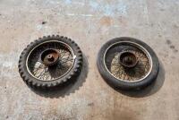 TRIUMPH: A pair of front and rear 19" 1940/1950 wheels, believed Triumph, no brakes, no axle [Sydney]