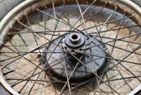 TRIUMPH: A pair of front and rear 19" 1940/1950 wheels, believed Triumph, no brakes, no axle [Sydney] - 6