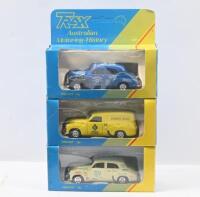 TRAX: set of 3 1:43 Trax "Australian Motoring History" series models, 1 Yellow FJ Holden Sedan No 127, 1954 Redex Trial, 1 Blue Limited Edition FJ Holden Sedan No 67, 1955 Redex Trial, and 1 RACV Road Service FJ Holden Panel Van, no Cs of A, all clear dis