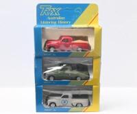TRAX: set of 3 1:43 Trax "Australian Motoring History" series FJ Holden Utes, 1 Grey Trax 10th Anniversary Commemorative Edition with Black tonneau cover, 1 Olive Green with Black tonneau cover, and 1 Red Royal Mail with Beige tonneau cover, no Cs of A, a