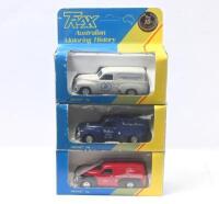 TRAX: set of 3 1:43 Trax "Australian Motoring History" series FJ Holden Panel Vans, 1 Grey Trax 10th Anniversary Commemorative Edition, 1 Blue Wm. Adams & Sons, and 1 Red Gilbarco, no Cs of A, all clear display boxed.