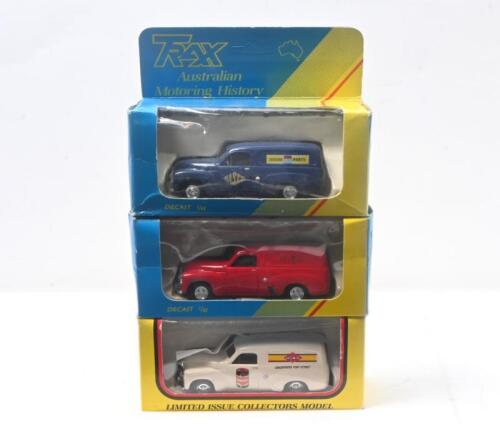 TRAX: set of 3 1:43 Trax "Australian Motoring History" series FJ Holden Panel Vans, 1 Cream Vegemite Limited Edition, 1 Blue Nasco Spare Parts, and 1 Red Royal Mail, no Cs of A, all clear display boxed.