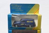 TRAX: set of 3 1:43 Trax "Australian Motoring History" series FJ Holden Panel Vans, 1 Cream Vegemite Limited Edition, 1 Blue Nasco Spare Parts, and 1 Red Royal Mail, no Cs of A, all clear display boxed. - 2