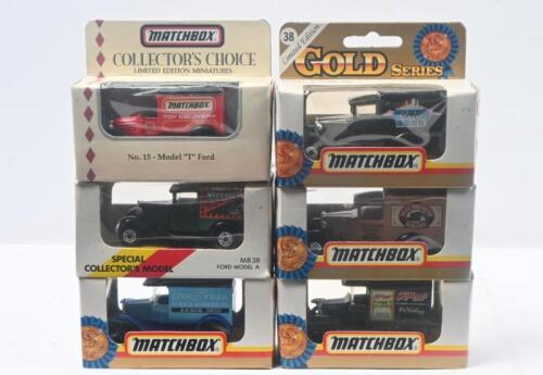 213 · MATCHBOX: Matchbox Set of 6 1:64 scale model Special and Limited Edition Gold Series and Collectors' Choice Ford Vans, 1 City Ford Model 'A', 1 Beechworth Bakery Model 'A', 1 Kellogg's Model T, 1 Matchbox Model T, 1 Goodyear Tyre Model T, and 1 Weet-Bix Model 'A', all clear boxed.