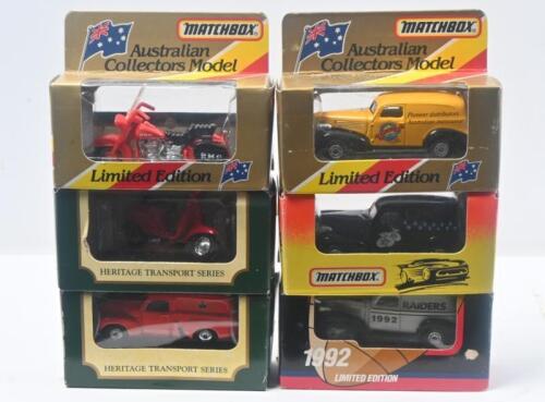 214 · MATCHBOX & AUSTRALIA POST: Set of 6 1:36 Matchbox & Australia Post models, 3 Matchbox 1939 Chevy Vans, 1 Gowings Bros Ltd, 1 1992 Oakland Raiders NFL, and 1 "gangster", and 3 Australia Post models, 1 P.M.G. Harley Davidson Motor Bike, 1 P.M.G Scooter, and 1 Royal Mail Holden FJ Panel Van, all clear boxed.