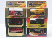 MATCHBOX & AUSTRALIA POST: Set of 6 1:36 Matchbox & Australia Post models, 3 Matchbox 1939 Chevy Vans, 1 Gowings Bros Ltd, 1 1992 Oakland Raiders NFL, and 1 "gangster", and 3 Australia Post models, 1 P.M.G. Harley Davidson Motor Bike, 1 P.M.G Scooter, and