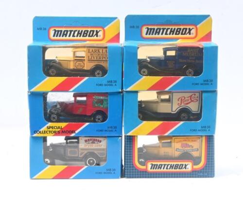 217 · MATCHBOX: Set of 6 1:64 Matchbox MB 38 Ford Model 'A' Vans, 1 Pepsi Cola, 1 Matchbox Speed Shop, 1 Bass Museum and Shire Horse Stables, 1 Manx Cattery, 1 Lark Lane Motor Museum, and 1 Matchbox Model 'A' Van Series, all clear boxed.