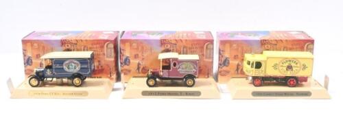 219 · MATCHBOX MODELS OF YESTERYEAR - GREAT BEERS: Set of 3 1:43 scale Matchbox Models of Yesteryear Great Beers of the World Series models, YGBI 3 1926 Ford TT Van 'Anchor', YGBI 4 1912 Ford Model T 'Kirin', and YGB1 5 1929 Garrett Steam Wagon 'Flowers', all boxed.