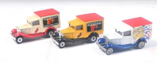 292 · MATCHBOX VANS: Set of 3 1:64 scale Matchbox Ford Model A promotional vans, 1 1988 Isle of Man TT, 1 1989 Isle of Man TT, and 1 Matchbox 50, not boxed.