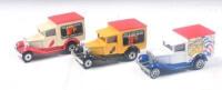 MATCHBOX VANS: Set of 3 1:64 scale Matchbox Ford Model A promotional vans, 1 1988 Isle of Man TT, 1 1989 Isle of Man TT, and 1 Matchbox 50, not boxed.