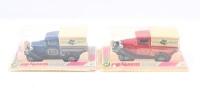 MAJORETTE VANS: Set of 2 Majorette 1:60 scale Ford Model A Tea Shop promotional vans, 1 Blue with Cream delivery canopy, and 1 Red with cream delivery canopy, both clear display boxed.