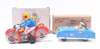 TIN COLLECTIBLES: set of 2 Tin collectible models, 1 1:55 scale Tin Treasures Press N Go blue open racing car #7, with forward motion if driver's head is pushed downwards, and 1 unknown scale multi coloured clockwork motorbike and sidecar, including key, 