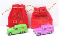 TRAX CLUB:Set of 2 1:55 scale Trax Club Member Special 1953 Holden FJ Panel Vans, 1 Purple 2001, and 1 Lime Green 2002, both in custom red Trax Club velvet pouches.