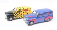 TRAX CLUB:Set of 2 1:55 scale Trax Club Member Special 1953 Holden FJ Panel Vans, 1 Black and Yellow 2007, and 1 Blue 2008, both in custom red Trax Club velvet pouches. - 2