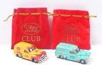 TRAX CLUB:Set of 2 1:55 scale Trax Club Member Special 1953 Holden FJ Panel Vans, 1 Red and Yellow 2005, and 1 Green 2006, both in custom red Trax Club velvet pouches.