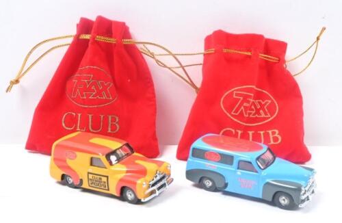 313 · TRAX CLUB:Set of 2 1:55 scale Trax Club Member Special 1953 Holden FJ Panel Vans, 1 Red and Yellow 2009, and 1 Blue 2010, both in custom red Trax Club velvet pouches.