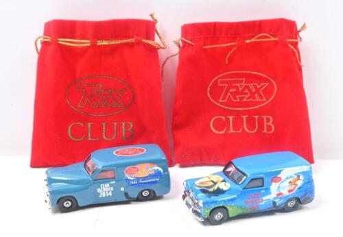315 · TRAX CLUB:Set of 2 1:55 scale Trax Club Member Special 1953 Holden FJ Panel Vans, 1 Blue Surfer Motif 2013, and 1 Blue 2014, both in custom red Trax Club velvet pouches.