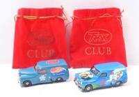 TRAX CLUB:Set of 2 1:55 scale Trax Club Member Special 1953 Holden FJ Panel Vans, 1 Blue Surfer Motif 2013, and 1 Blue 2014, both in custom red Trax Club velvet pouches.