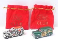 TRAX CLUB:Set of 2 1:55 scale Trax Club Member Special 1953 Holden FJ Panel Vans, 1 Zebra Striped 2011, and 1 Green 2012, both in custom red Trax Club velvet pouches.