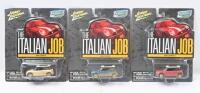 THE ITALIAN JOB: Set of 3 1:64 scale Johnny Lightning Hollywood on Wheels The Italian Job series new style "dirty" Mini Cooper S cars, 1 in each of the customary Red, White and Blue, each with White roofs and sunroofs, all clear plastic display wrapped.