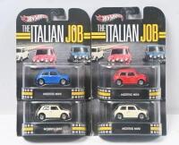 THE ITALIAN JOB: Set of 4 1:64 scale Hot Wheels The Italian Job series old style Morris Mini cars, 1 in each of the customary Red, White and Blue, plus 1 extra White, all clear plastic display wrapped.