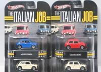 THE ITALIAN JOB: Set of 4 1:64 scale Hot Wheels The Italian Job series old style Morris Mini cars, 1 in each of the customary Red, White and Blue, plus 1 extra White, all clear plastic display wrapped. - 2