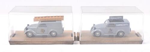 421 · BRUMM FIAT: Set of 2 1:43 scale Brumm Grey Fiat 500 Vans, 1 Ramazzotti, and 1 Stipel, both clear display boxed.