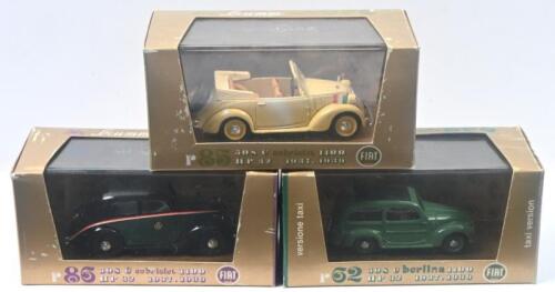 422 · BRUMM FIAT: Set of 3 1:43 scale Brumm Fiat 1100 vehicles, 1 Cream 1937-39 1100C Cabriolet, 1 Green 1937-39 1100C Berlina Sedan, and 1 1949-53 1100E Berlina Taxi (in Cabriolet box), all clear display boxed.