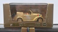 BRUMM FIAT: Set of 3 1:43 scale Brumm Fiat 1100 vehicles, 1 Cream 1937-39 1100C Cabriolet, 1 Green 1937-39 1100C Berlina Sedan, and 1 1949-53 1100E Berlina Taxi (in Cabriolet box), all clear display boxed. - 2