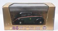 BRUMM FIAT: Set of 3 1:43 scale Brumm Fiat 1100 vehicles, 1 Cream 1937-39 1100C Cabriolet, 1 Green 1937-39 1100C Berlina Sedan, and 1 1949-53 1100E Berlina Taxi (in Cabriolet box), all clear display boxed. - 3
