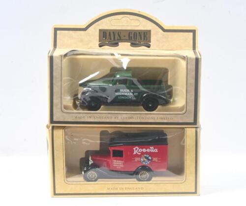 427 · LLEDO DAYS GONE COMMEMORATIVE VANS: Set of 2 1:64 scale Lledo Days Gone Series commemorative Vans, 1 1936 Buck & Hickman Chevrolet Pick Up, and 1 1920s Rosella Ford, both in custom clear display boxes.