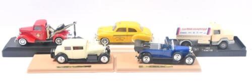 432 · SOLIDO: Set of 5 1:43 Solido models, 1 1911 Iveco Transafrica Team Esso Canvas Truck, 1 Red Salt Lake City Fire Dept Ford V8 Depanneuse Tow Truck, 1 Cream 1934 Voisin 17CV "Carene" Sedan, 1 Blue & Black 1929 Fiat Cabriolet, and 1 Yellow 1950 Chevrolet Checker Cab, all clear display boxed.