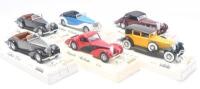 SOLIDO AGE D'OR: Set of 6 1:43 Solido Age d'or series models, 1 Grey & Black Talbot T23 Convertible, 1 Red & Black Bugatti Atalante Coupe, 1 Yellow & Black Cord L 29 Sedan, 1 Black Talbot T23 Convertible, 1 Maroon & Black Mercedes 540K Landau Coupe, and 1