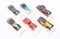 SOLIDO AGE D'OR: Set of 6 1:43 Solido Age d'or series models, 1 Grey & Black Talbot T23 Convertible, 1 Red & Black Bugatti Atalante Coupe, 1 Yellow & Black Cord L 29 Sedan, 1 Black Talbot T23 Convertible, 1 Maroon & Black Mercedes 540K Landau Coupe, and 1 - 2