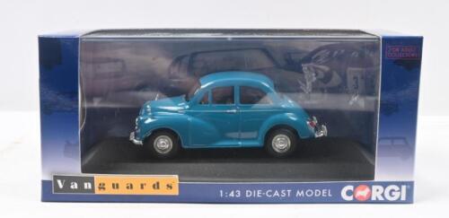 443 · MORRIS MINOR: 1:43 scale Corgi Vanguards Limited Edition Turquoise 1958 Morris Minor Saloon, 1 of 1,000, custom clear display boxed.