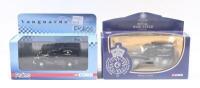 MORRIS 1000 VANS: Set of 2 1:43 Corgi Morris 1000 Vans, 1 Dark Blue Liveried Royal Worcester Display Dept Delivery Van, and 1 Vanguards Black Liveried Cardiff City Police Dog Section Van, both clear custom display boxed.