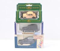 MORRIS MINOR: Set of 3 approx 1:43-1:50 scale Morris Minor models, 1 Beige Corgi The Sixties Cameo Collection Saloon, 1 Blue with White Roof Lledo Days Gone Collection Pickfords Van, and 1 Black Oxford Die-Cast Collection Van, all clear custom display bo
