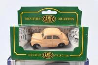 MORRIS MINOR: Set of 3 approx 1:43-1:50 scale Morris Minor models, 1 Beige Corgi The Sixties Cameo Collection Saloon, 1 Blue with White Roof Lledo Days Gone Collection Pickfords Van, and 1 Black Oxford Die-Cast Collection Van, all clear custom display bo - 2