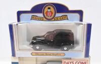 MORRIS MINOR: Set of 3 approx 1:43-1:50 scale Morris Minor models, 1 Beige Corgi The Sixties Cameo Collection Saloon, 1 Blue with White Roof Lledo Days Gone Collection Pickfords Van, and 1 Black Oxford Die-Cast Collection Van, all clear custom display bo - 3