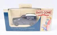MORRIS MINOR: Set of 3 approx 1:43-1:50 scale Morris Minor models, 1 Beige Corgi The Sixties Cameo Collection Saloon, 1 Blue with White Roof Lledo Days Gone Collection Pickfords Van, and 1 Black Oxford Die-Cast Collection Van, all clear custom display bo - 4