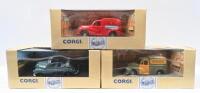 MORRIS MINOR: Set of 3 1:43 scale Corgi Classic Vehicles Series models, 1 Red Royal Mail Van, 1 Green and Yellow Wiltshire Police Van, and 1 Blue Convertible, all clear custom display boxed.