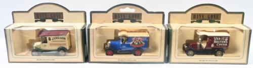 462 · LLEDO DAYS GONE: Set of 3 1:43 Lledo Days Gone Vintage Series Delivery Vans, 1 1920 Ford Model T Jameson's Irish Whiskey, 1 1926 Bull Nose Morris Kiwi Boot Polish, and 1 1912 Renault Van Houten's Cocoa, all clear custom display boxed.