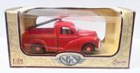 SAICO MORRIS MINOR: 1:26 scale Saico Scale Models Classic Collection London Fire Brigade traditional Red Morris Minor Pickup, clear display boxed.